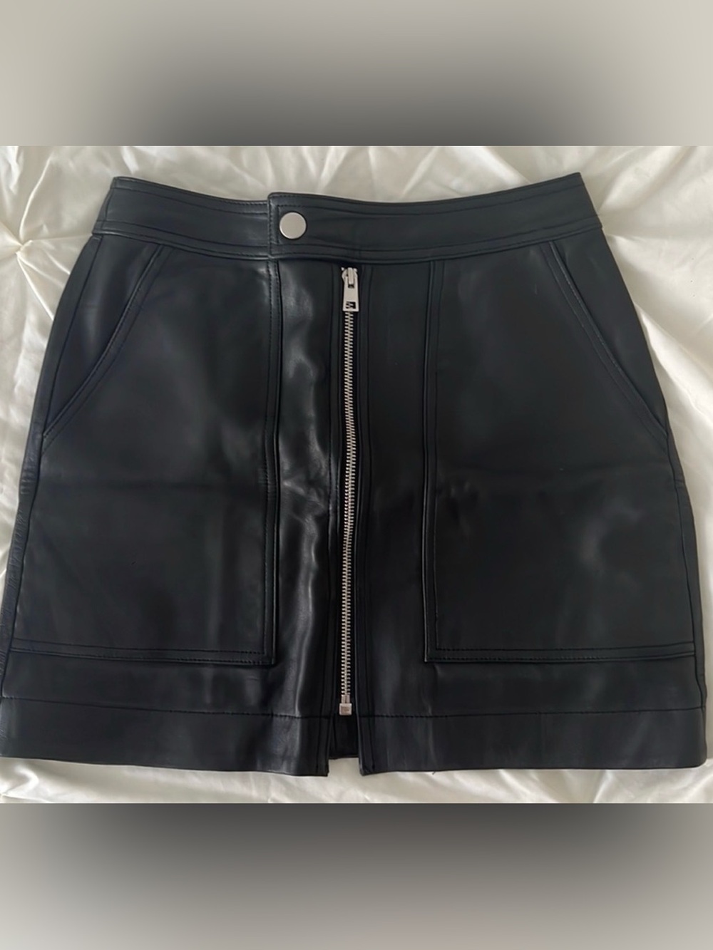 Theory Black Real Leather Front-Zip Mini Skirt Size 10